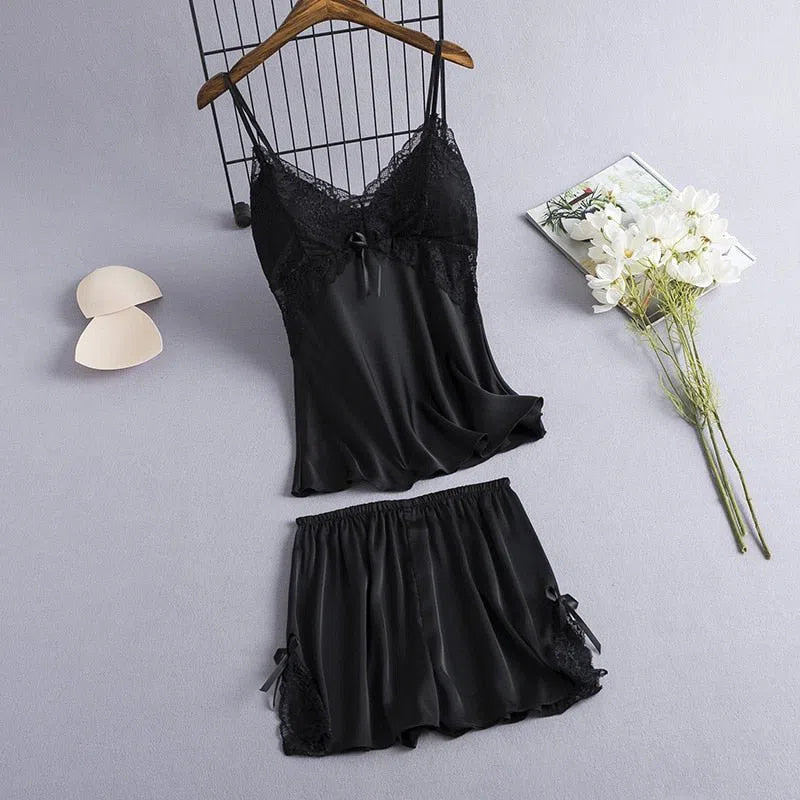 2 Pieces Cami&Shorts Sleep Set Women Pajamas Suit Sexy Lace Home Clothes V-Neck Sleepwear Lounge Wear Summer Nightwear-Maas