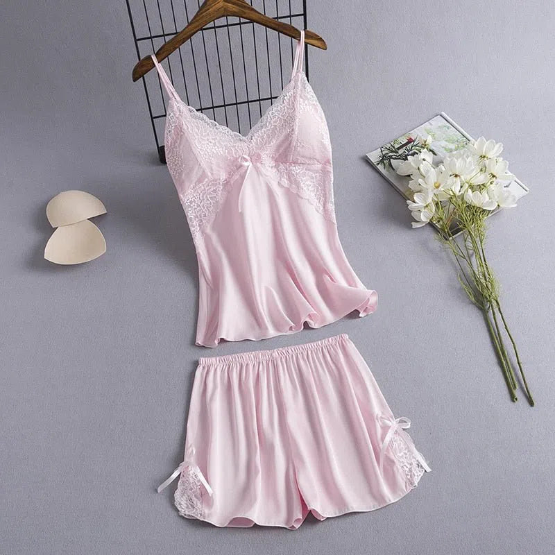 2 Pieces Cami&Shorts Sleep Set Women Pajamas Suit Sexy Lace Home Clothes V-Neck Sleepwear Lounge Wear Summer Nightwear-Maas