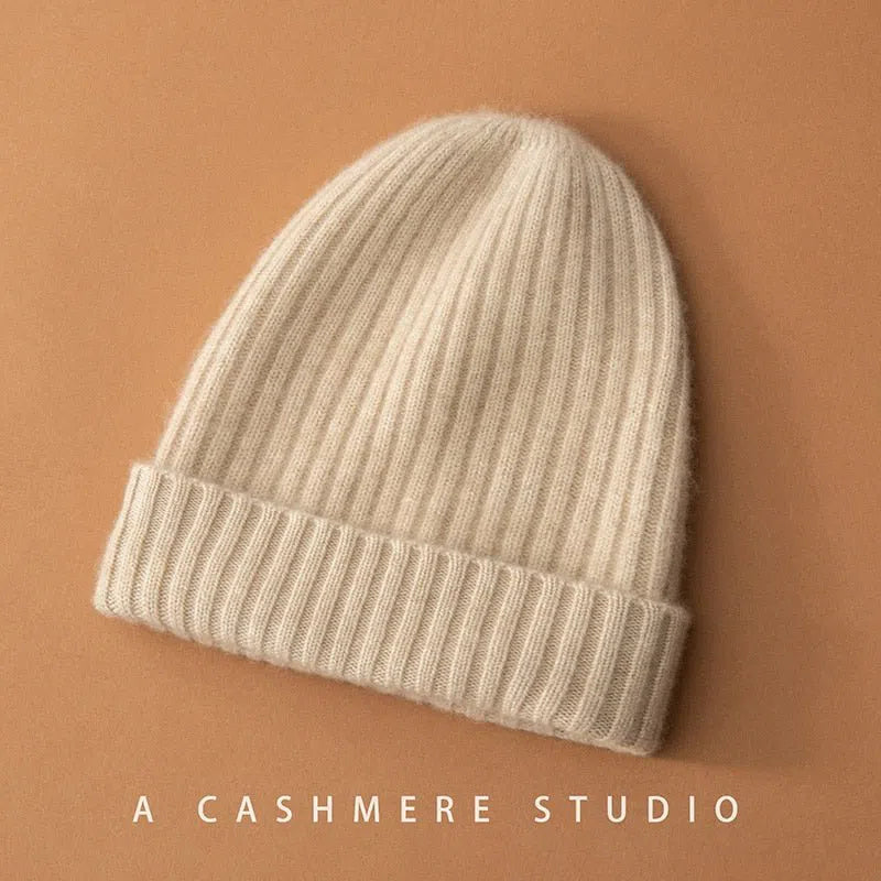 2022 New Winter 100% Cashmere Knitted Headgears Women Keep Warm Beanie Hat High Quality Solid Casual Hedging Cap Skullies-Maas