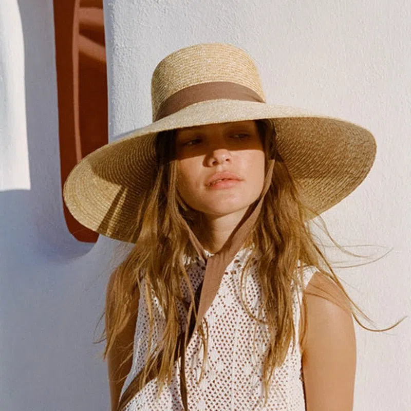 2023 New Wide Brim Beach Hats With Neck Tie For Women Large UV Protection Sun Hats Summer Big Brim Wheat Straw Hats Wholesale-Maas