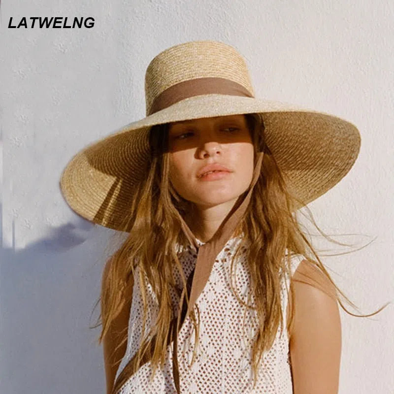 2023 New Wide Brim Beach Hats With Neck Tie For Women Large UV Protection Sun Hats Summer Big Brim Wheat Straw Hats Wholesale-Maas