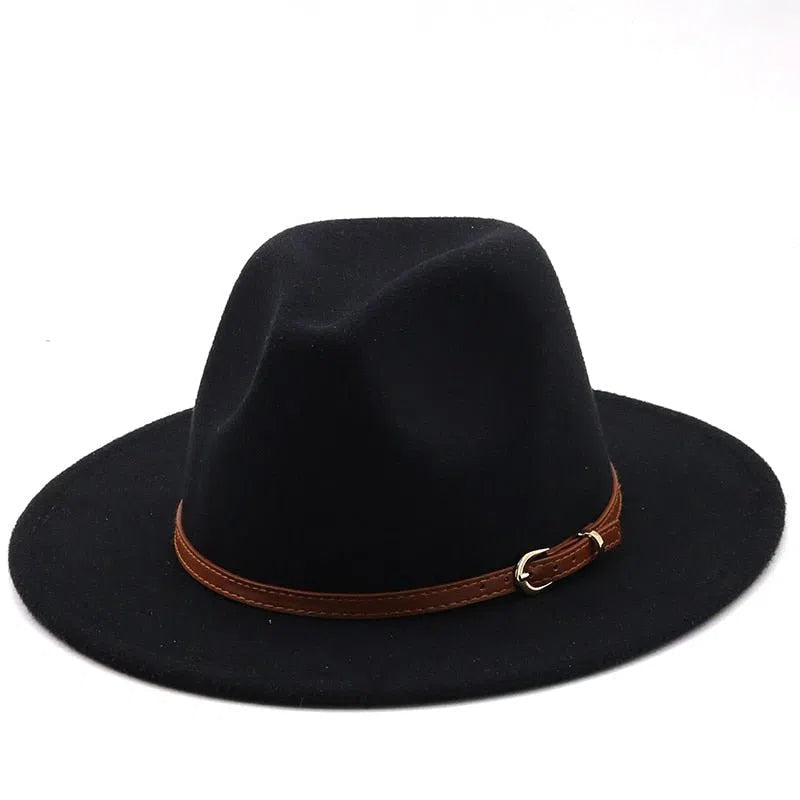 56-60cm White/BlackWide Brim Fedora Hat Women Men Imitation Wool Felt Hats with Metal Chain Decor Panama Jazz Chapeau hat-Maas