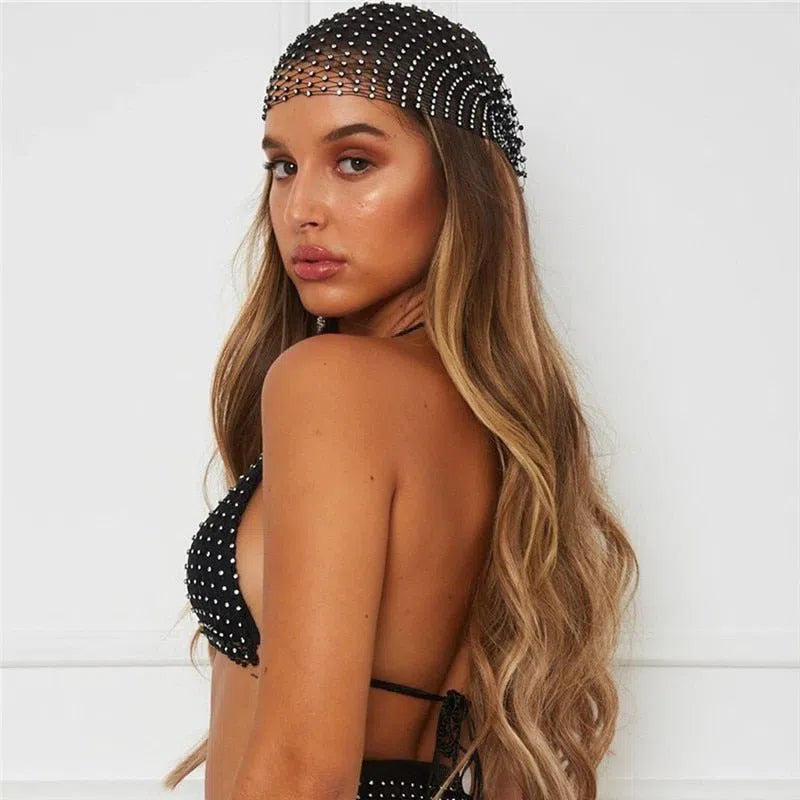 Akyzo Fishnet Plaid Bling Rhinestone Women Head Scarf Hollow Out Patchwork Glitter Crystal Trendy Wild Headband Turban Hair Hat-Maas