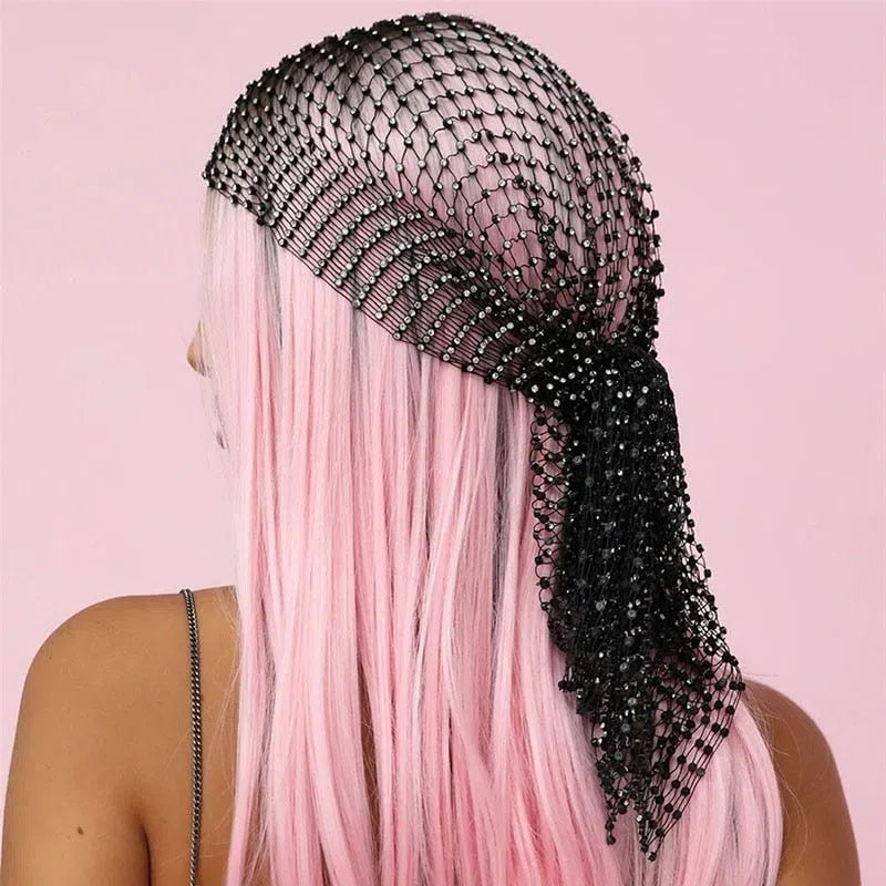 Akyzo Fishnet Plaid Bling Rhinestone Women Head Scarf Hollow Out Patchwork Glitter Crystal Trendy Wild Headband Turban Hair Hat-Maas