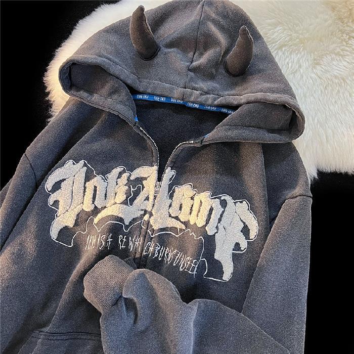 Angel Ears Hoodies Women Retro Oversize Zip Up Long Sleeve Hooded-Maas