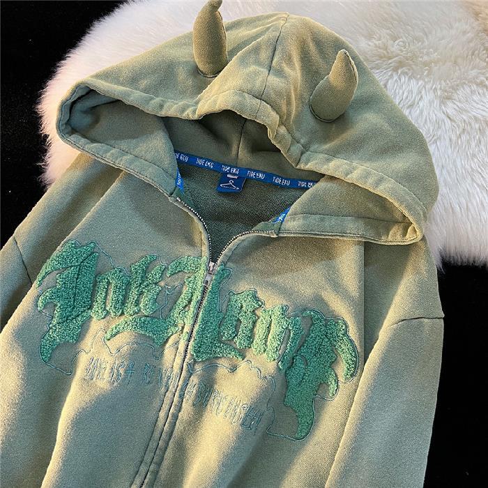 Angel Ears Hoodies Women Retro Oversize Zip Up Long Sleeve Hooded-Maas