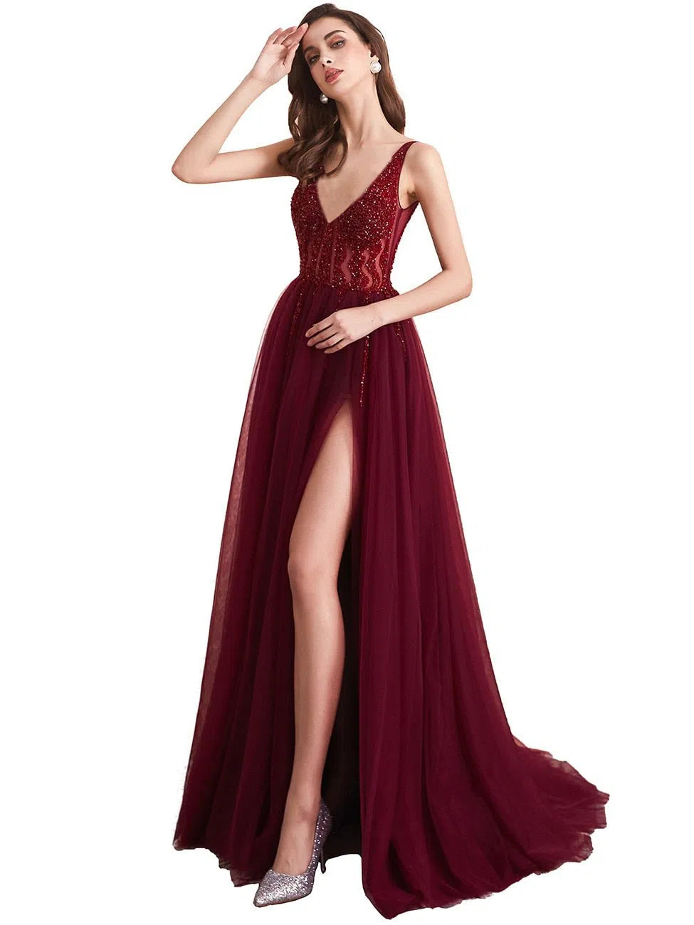 Beading Crystal Evening Dresses V-Neck Spaghetti-Maas