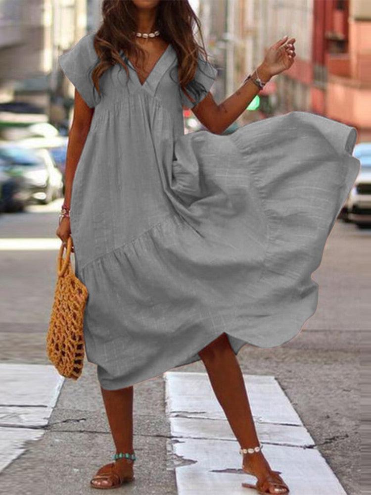 Bohemian Summer V Neck Female Solid Ruffle Dresses-Maas