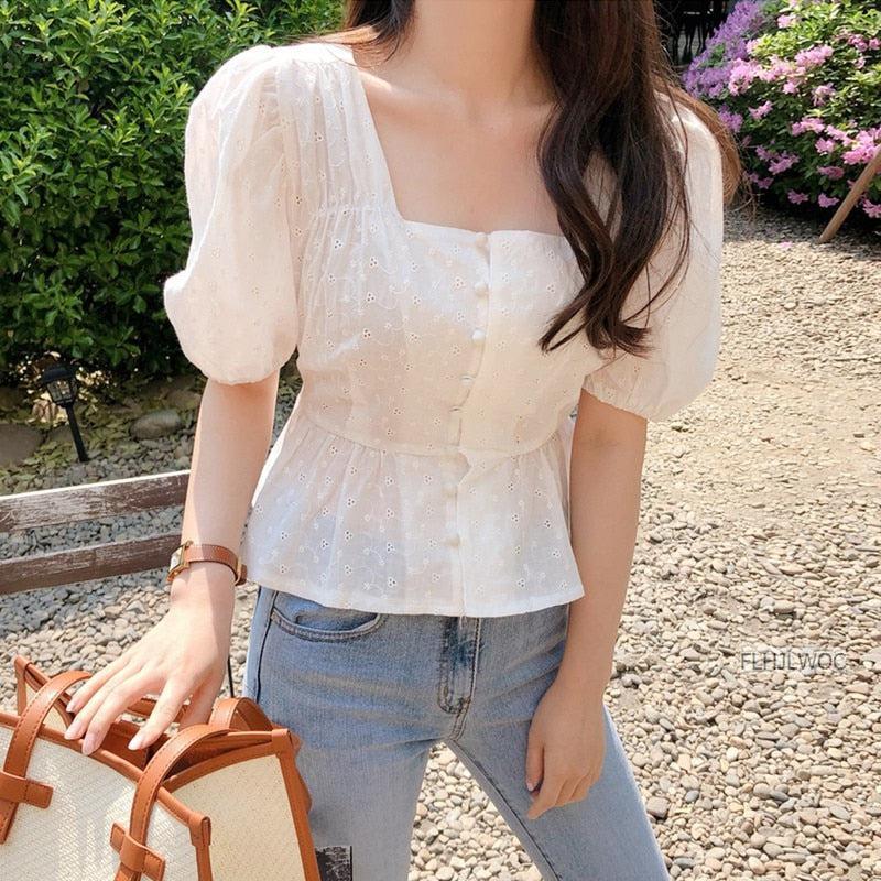 Cute Chic Tops Hot Women Style Slim Waist White Button Shirt Blouse-Maas