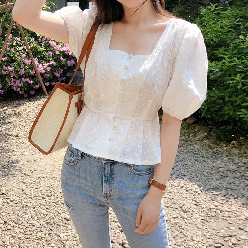 Cute Chic Tops Hot Women Style Slim Waist White Button Shirt Blouse-Maas