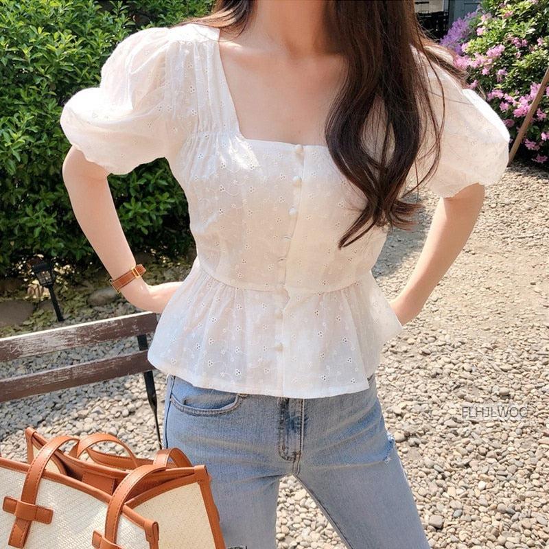 Cute Chic Tops Hot Women Style Slim Waist White Button Shirt Blouse-Maas