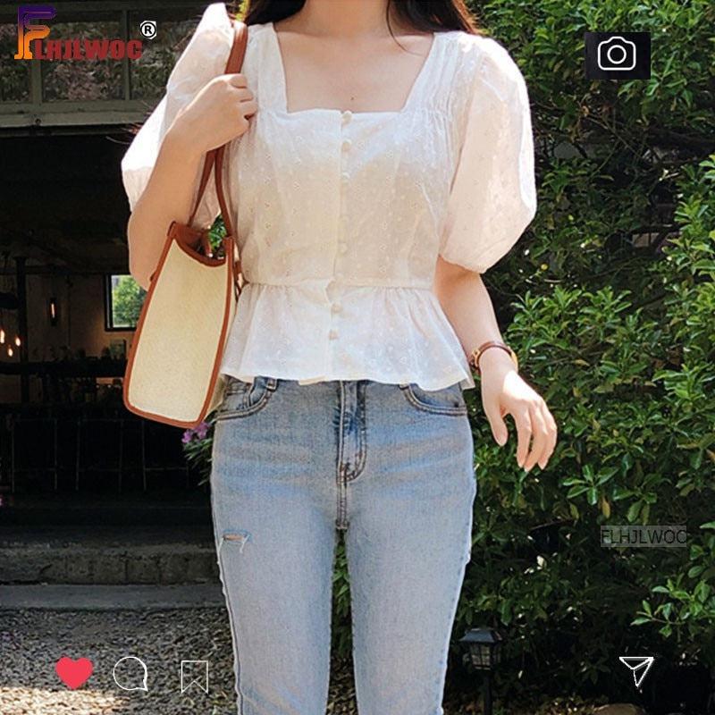 Cute Chic Tops Hot Women Style Slim Waist White Button Shirt Blouse-Maas