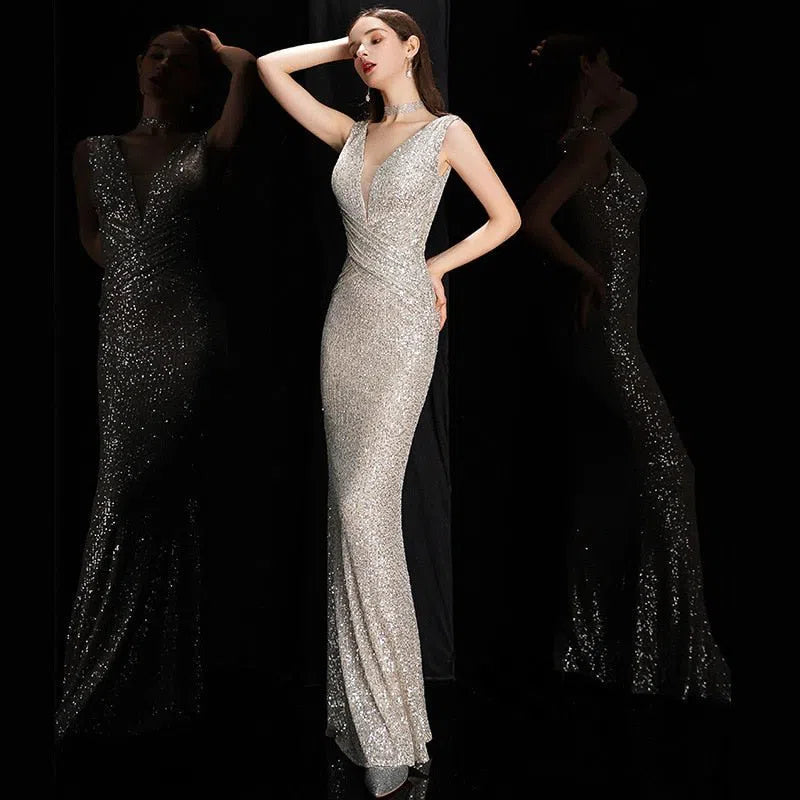 Elegant V Neck Sequin Evening Dress Mermaid Party Gown Maxi-Maas