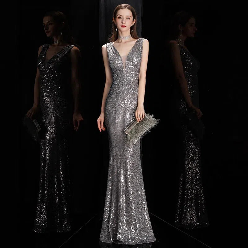 Elegant V Neck Sequin Evening Dress Mermaid Party Gown Maxi-Maas