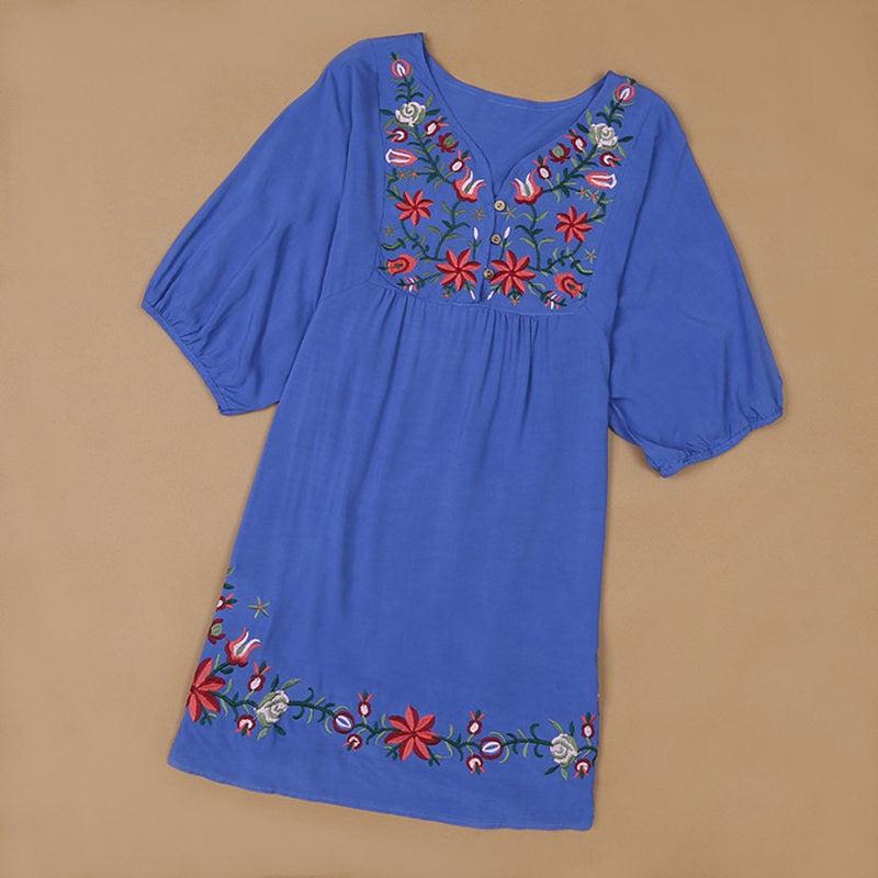 Ethnic Mexican Floral Loose Cotton Long Woman Blouse Shirt - One Size-Maas