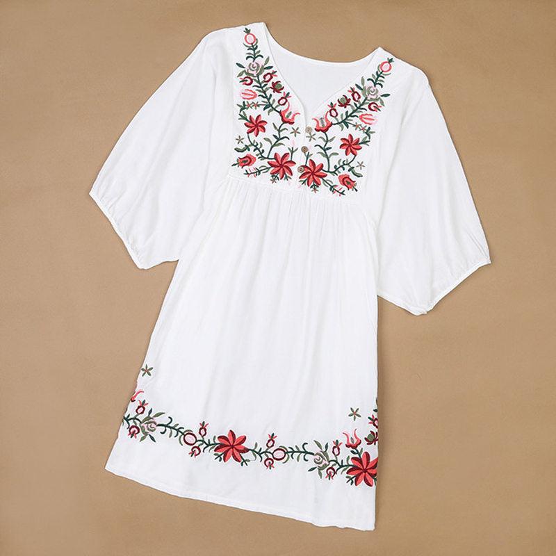 Ethnic Mexican Floral Loose Cotton Long Woman Blouse Shirt - One Size-Maas