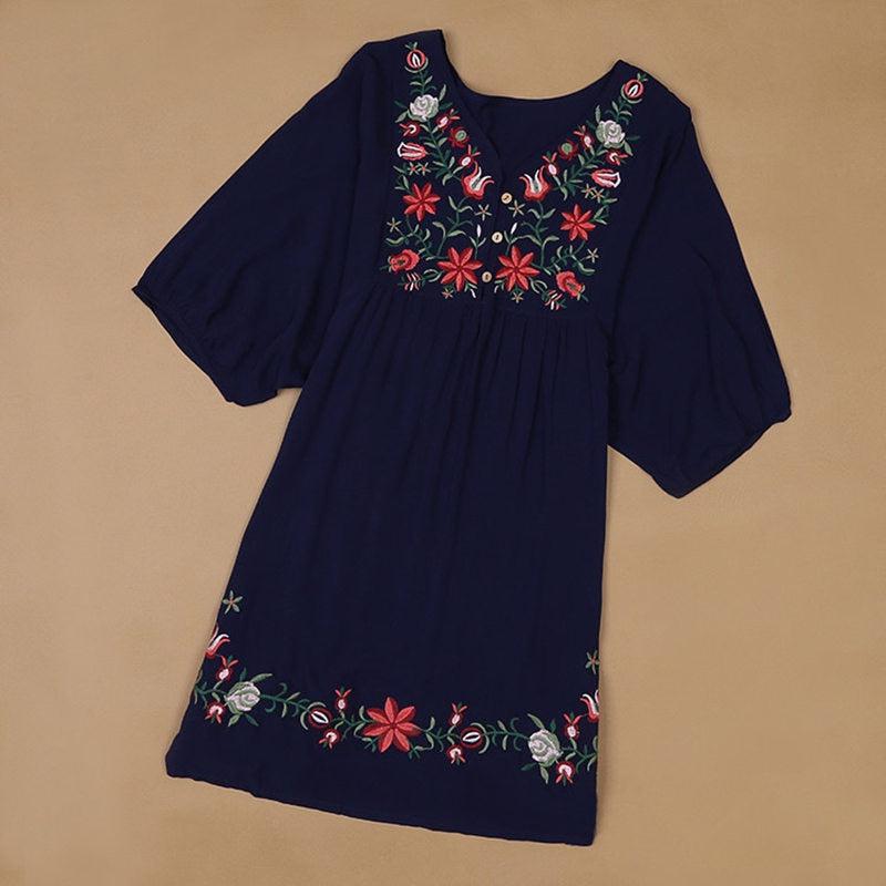 Ethnic Mexican Floral Loose Cotton Long Woman Blouse Shirt - One Size-Maas