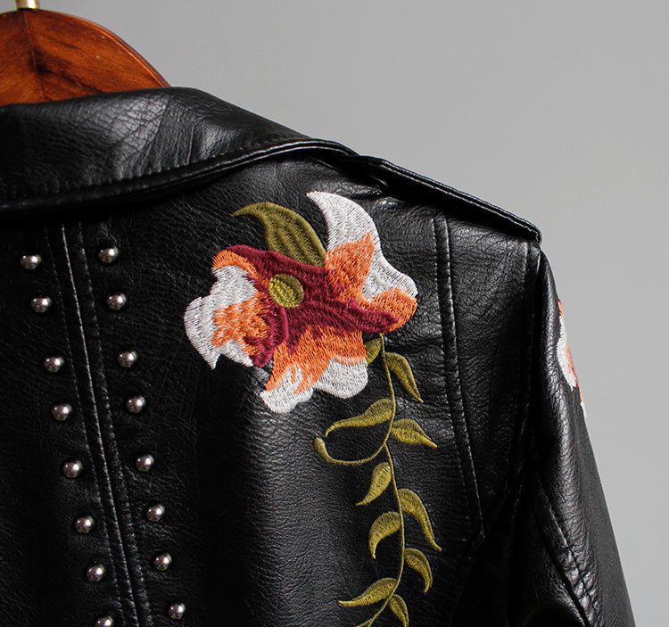 Floral Print Embroidery Faux Soft Leather Jacket Women Pu Motorcycle Coat-Maas