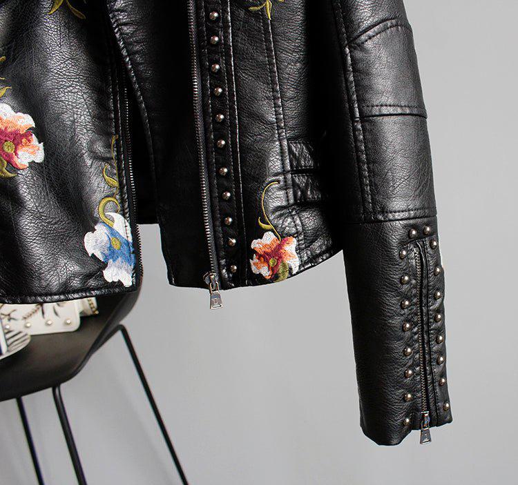 Floral Print Embroidery Faux Soft Leather Jacket Women Pu Motorcycle Coat-Maas