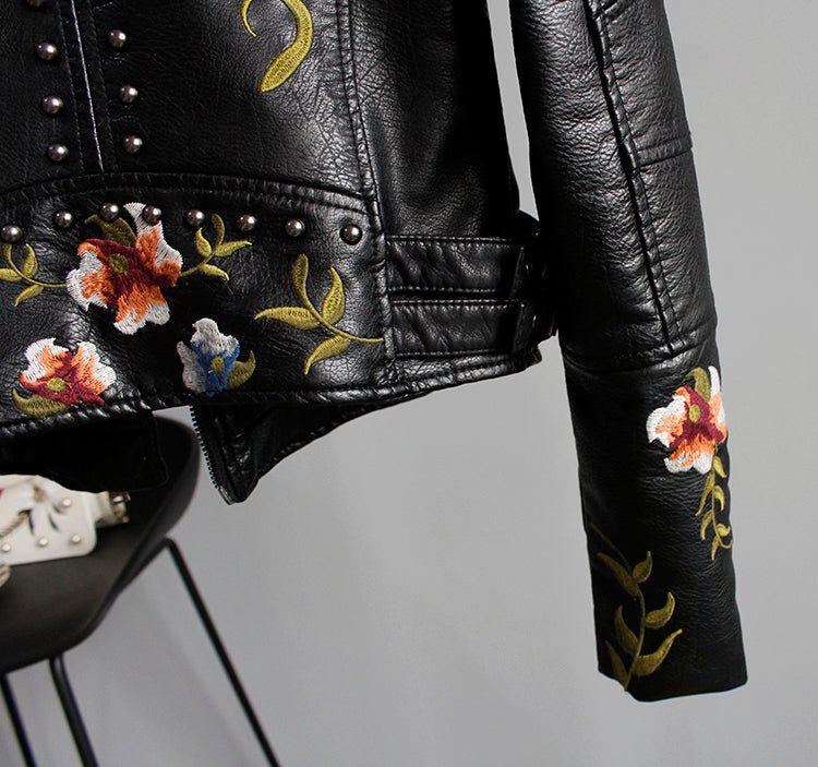 Floral Print Embroidery Faux Soft Leather Jacket Women Pu Motorcycle Coat-Maas