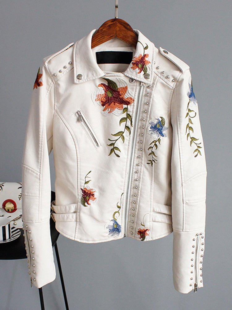 Floral Print Embroidery Faux Soft Leather Jacket Women Pu Motorcycle Coat-Maas