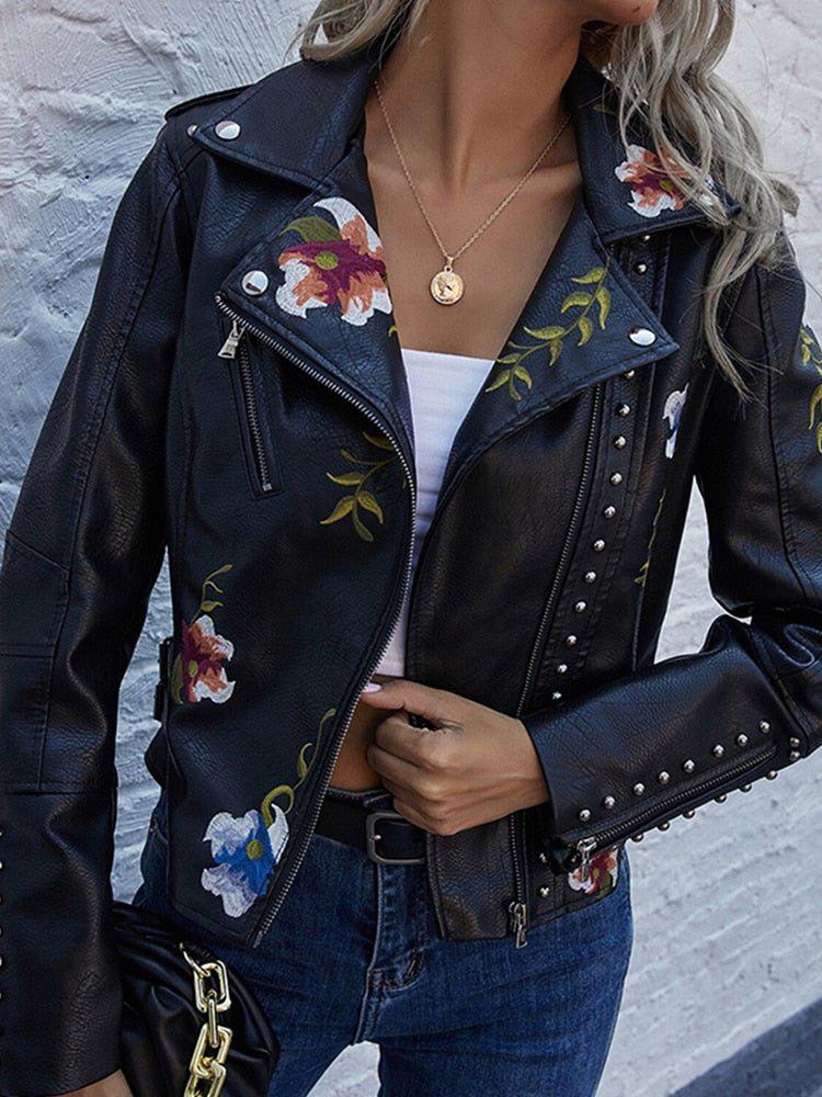 Floral Print Embroidery Faux Soft Leather Jacket Women Pu Motorcycle Coat-Maas