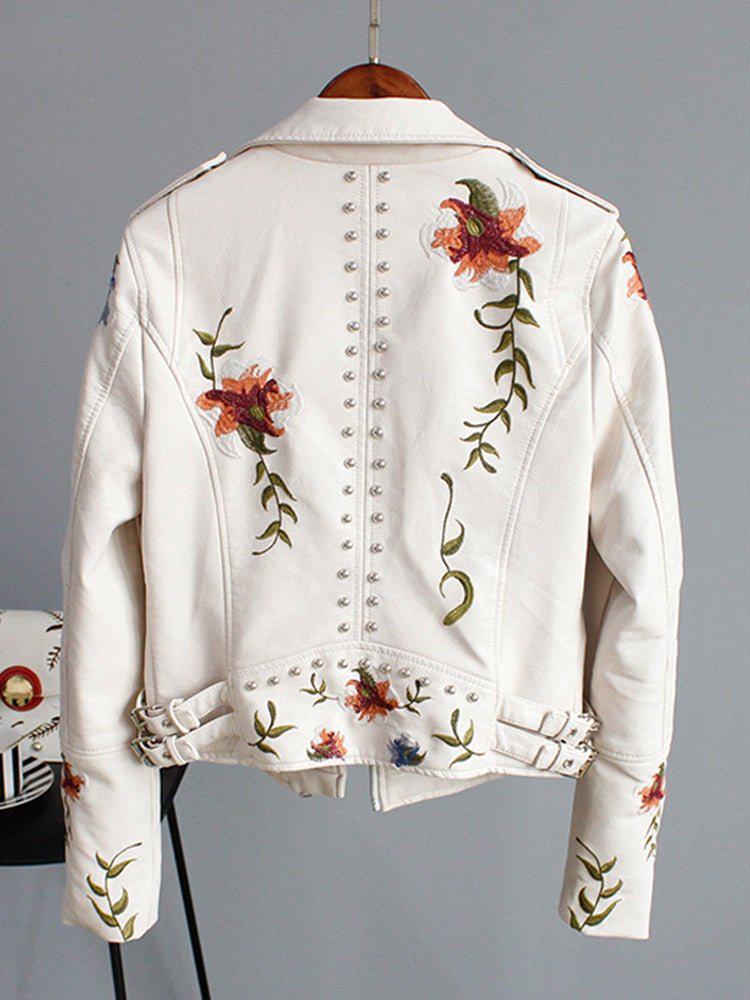 Floral Print Embroidery Faux Soft Leather Jacket Women Pu Motorcycle Coat-Maas