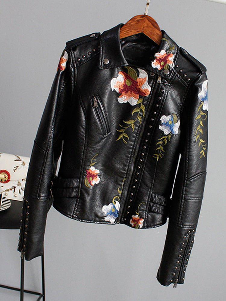 Floral Print Embroidery Faux Soft Leather Jacket Women Pu Motorcycle Coat-Maas