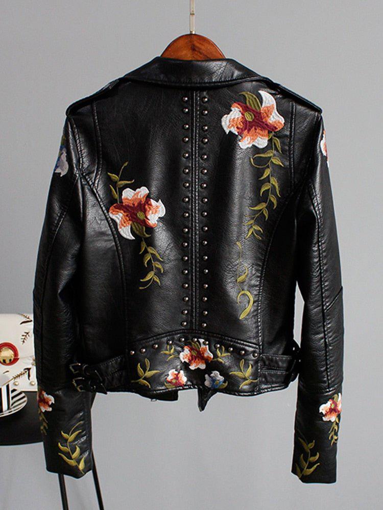 Floral Print Embroidery Faux Soft Leather Jacket Women Pu Motorcycle Coat-Maas