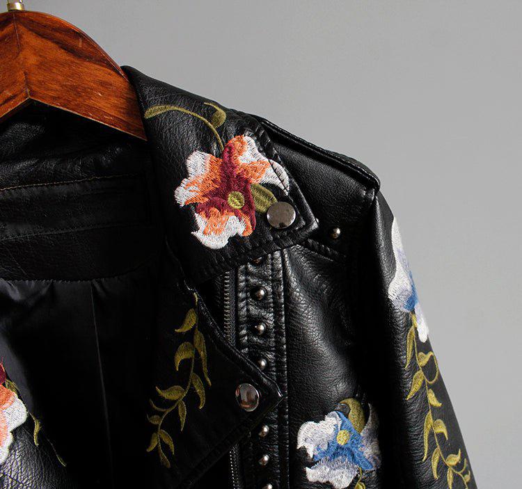 Floral Print Embroidery Faux Soft Leather Jacket Women Pu Motorcycle Coat-Maas