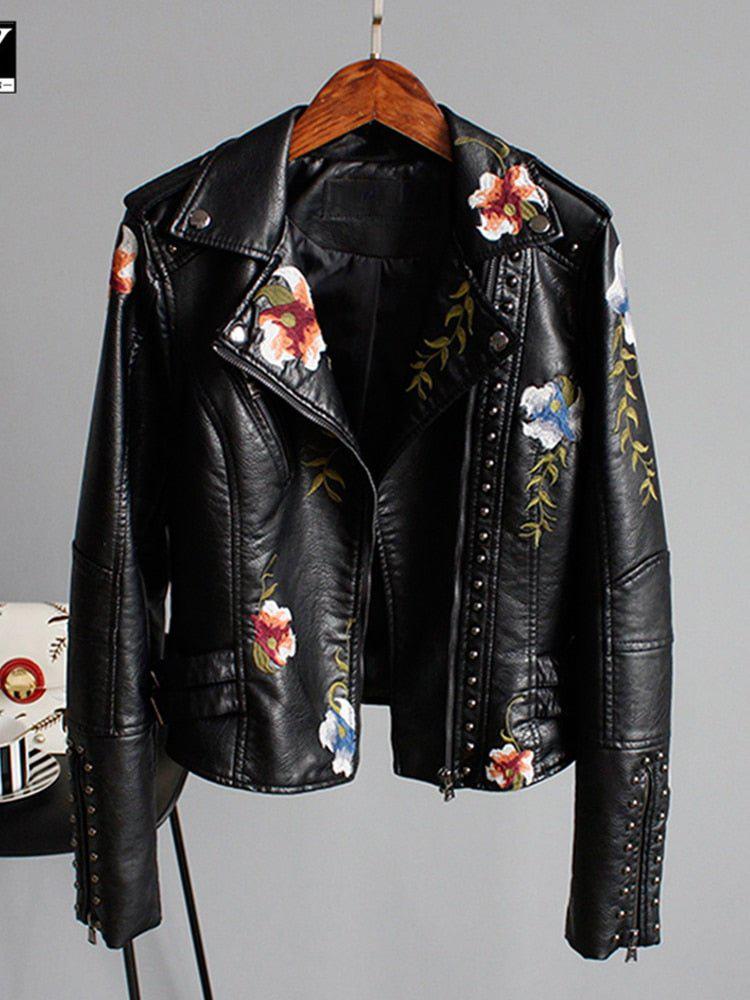 Floral Print Embroidery Faux Soft Leather Jacket Women Pu Motorcycle Coat-Maas