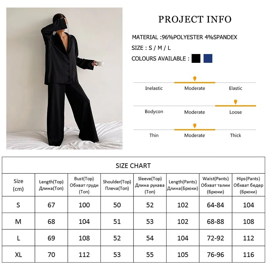 Hiloc Oversized Satin Silk Sleepwear Low Cut Sexy Pajamas For Women Single-Breasted Long Sleeves Wide Leg Pants Trouser Suits-Maas