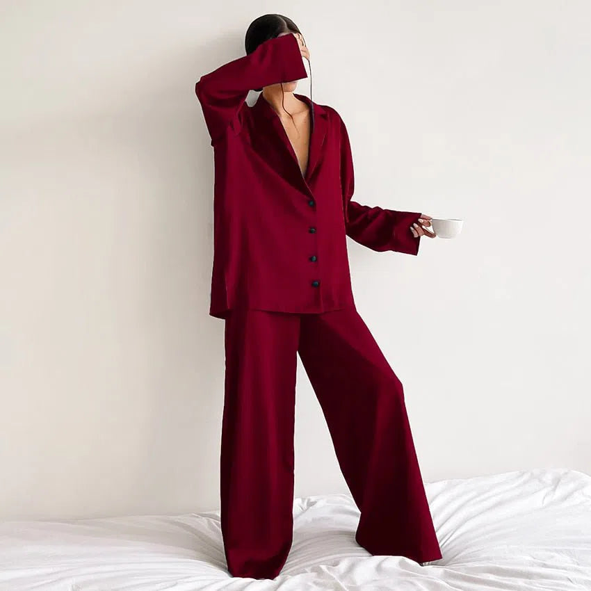 Hiloc Oversized Satin Silk Sleepwear Low Cut Sexy Pajamas For Women Single-Breasted Long Sleeves Wide Leg Pants Trouser Suits-Maas