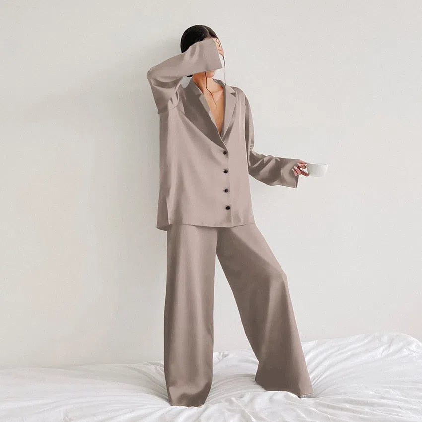 Hiloc Oversized Satin Silk Sleepwear Low Cut Sexy Pajamas For Women Single-Breasted Long Sleeves Wide Leg Pants Trouser Suits-Maas