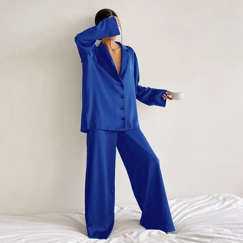 Hiloc Oversized Satin Silk Sleepwear Low Cut Sexy Pajamas For Women Single-Breasted Long Sleeves Wide Leg Pants Trouser Suits-Maas