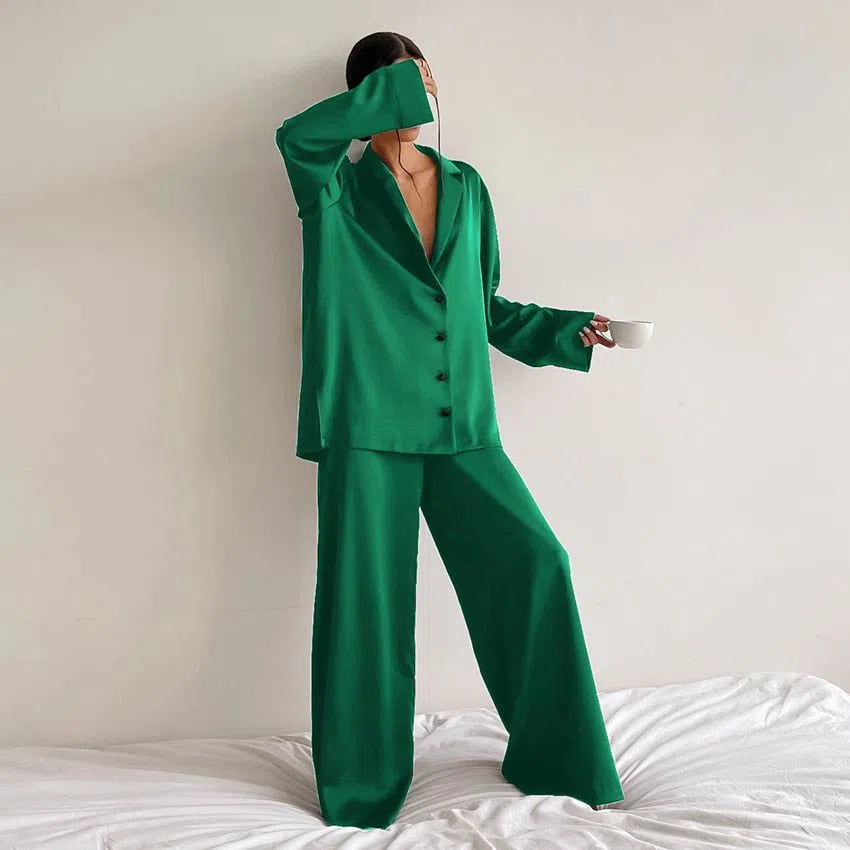 Hiloc Oversized Satin Silk Sleepwear Low Cut Sexy Pajamas For Women Single-Breasted Long Sleeves Wide Leg Pants Trouser Suits-Maas