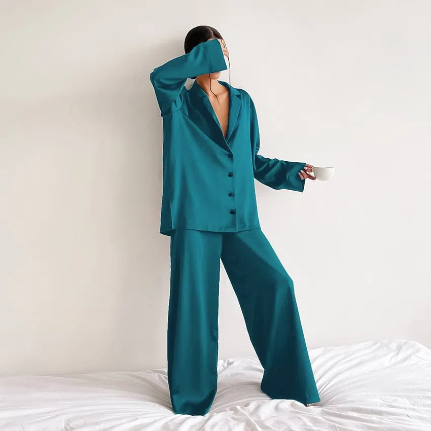 Hiloc Oversized Satin Silk Sleepwear Low Cut Sexy Pajamas For Women Single-Breasted Long Sleeves Wide Leg Pants Trouser Suits-Maas