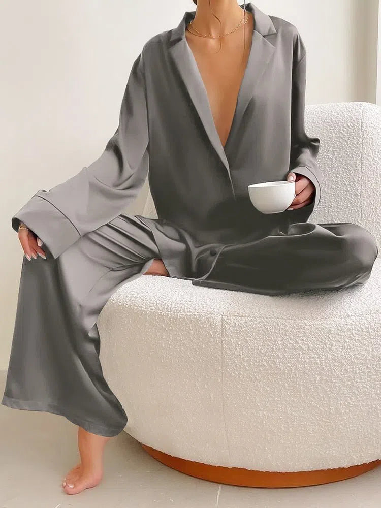 Hiloc Oversized Satin Silk Sleepwear Low Cut Sexy Pajamas For Women Single-Breasted Long Sleeves Wide Leg Pants Trouser Suits-Maas