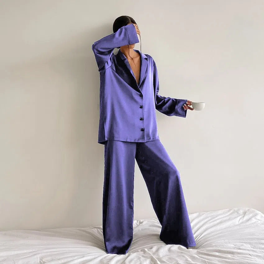 Hiloc Oversized Satin Silk Sleepwear Low Cut Sexy Pajamas For Women Single-Breasted Long Sleeves Wide Leg Pants Trouser Suits-Maas