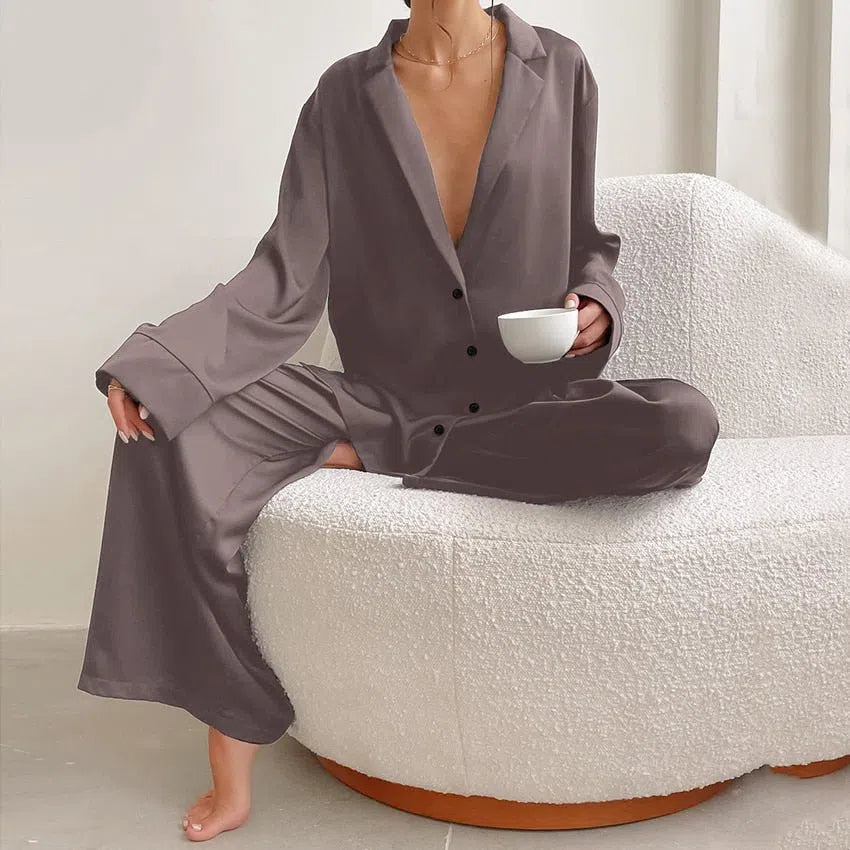 Hiloc Oversized Satin Silk Sleepwear Low Cut Sexy Pajamas For Women Single-Breasted Long Sleeves Wide Leg Pants Trouser Suits-Maas