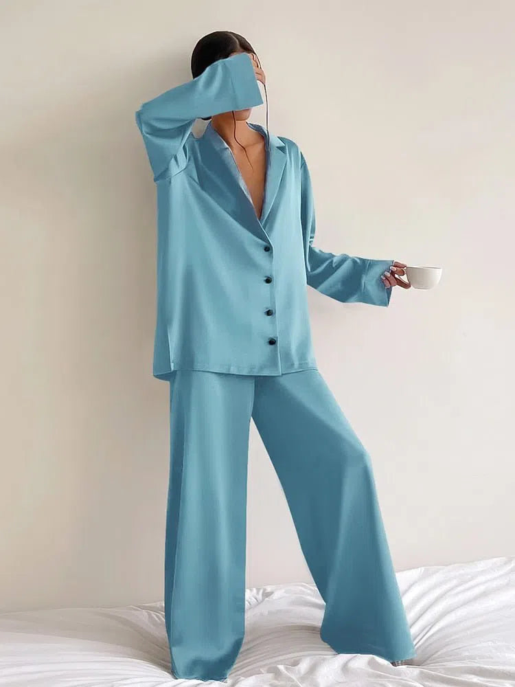 Hiloc Oversized Satin Silk Sleepwear Low Cut Sexy Pajamas For Women Single-Breasted Long Sleeves Wide Leg Pants Trouser Suits-Maas