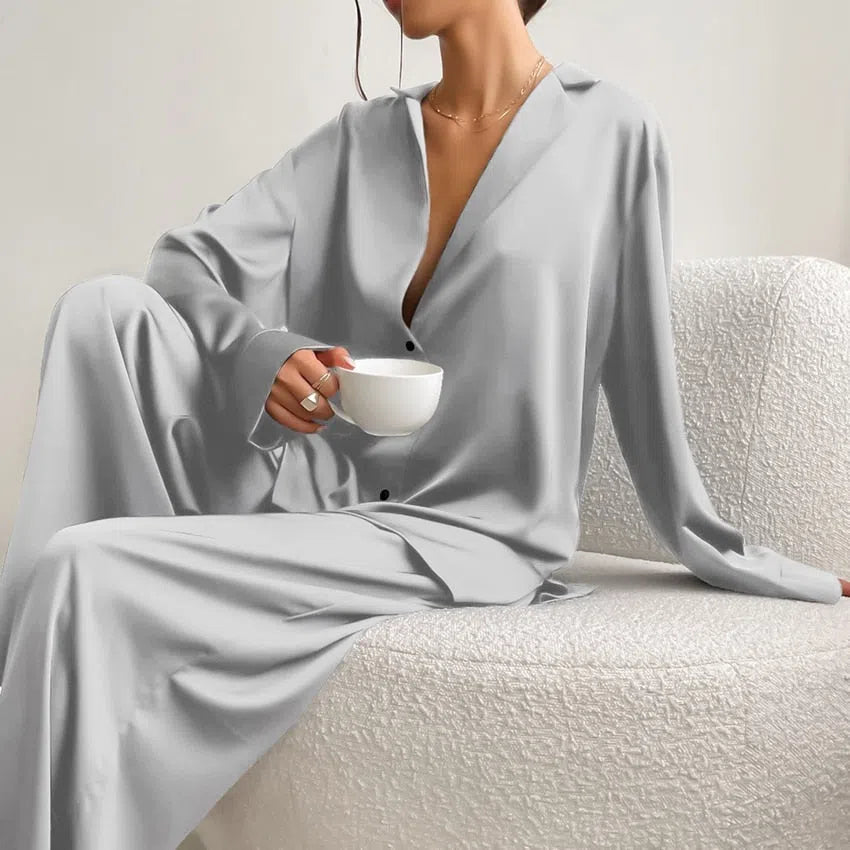 Hiloc Oversized Satin Silk Sleepwear Low Cut Sexy Pajamas For Women Single-Breasted Long Sleeves Wide Leg Pants Trouser Suits-Maas