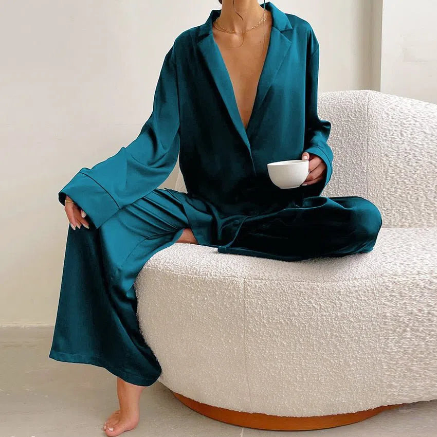 Hiloc Oversized Satin Silk Sleepwear Low Cut Sexy Pajamas For Women Single-Breasted Long Sleeves Wide Leg Pants Trouser Suits-Maas