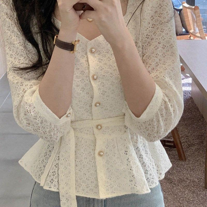 Hollow Out Crochet Lace Chic Short Shirt Blouse Single Breasted Button-Maas