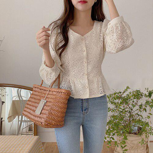 Hollow Out Crochet Lace Chic Short Shirt Blouse Single Breasted Button-Maas