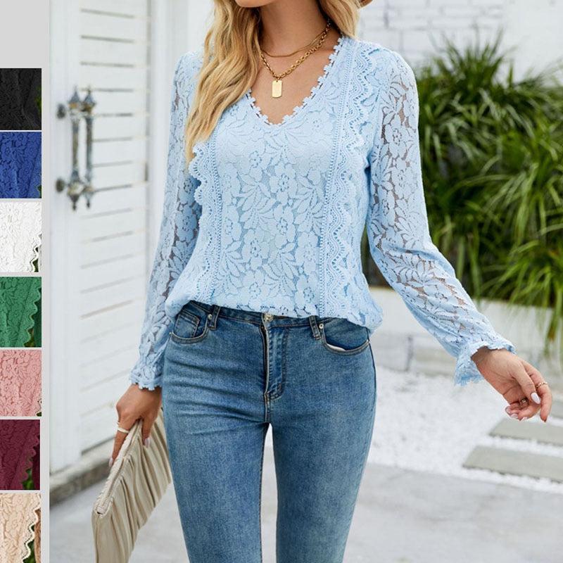 Lace Spliced V-Neck Long Sleeve Female T-shirt-Maas