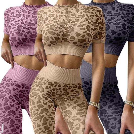 Leopard High Neck Suits Women's Seamless Yoga Set Gym Leggings Workout-Maas