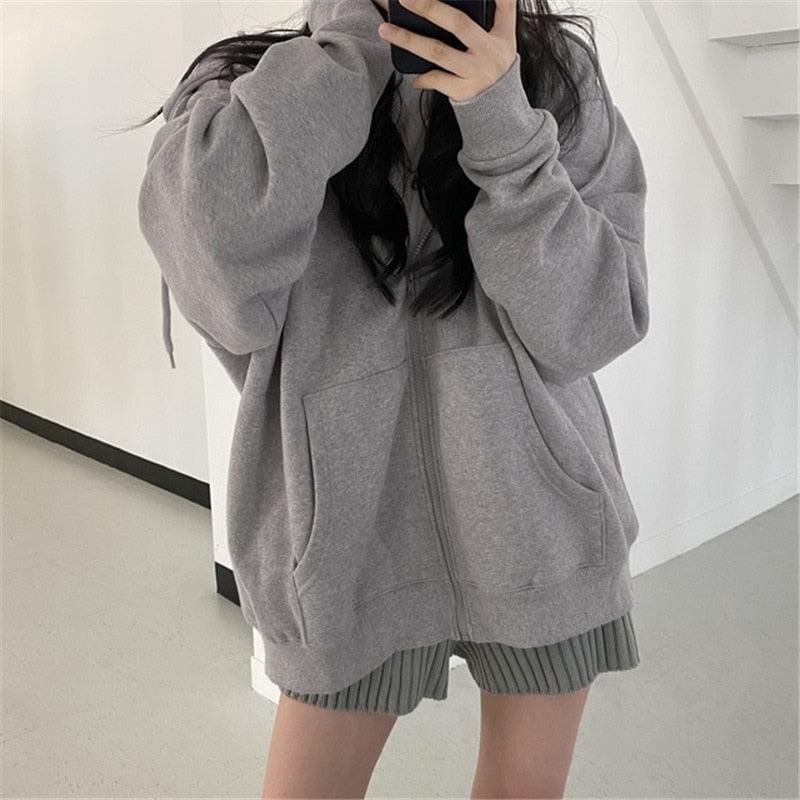 Letter Print Zip Up Hoodies Women Casual Streetwear Loose Hooded-Maas