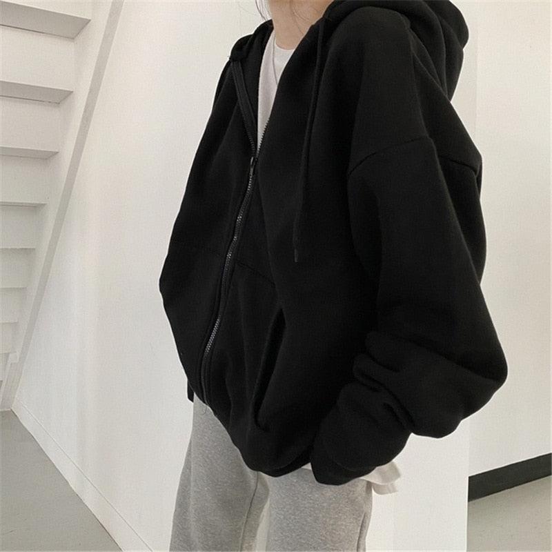 Letter Print Zip Up Hoodies Women Casual Streetwear Loose Hooded-Maas