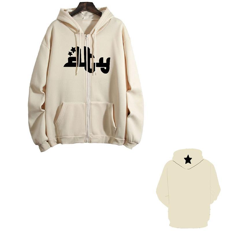 Letter Print Zip Up Hoodies Women Casual Streetwear Loose Hooded-Maas